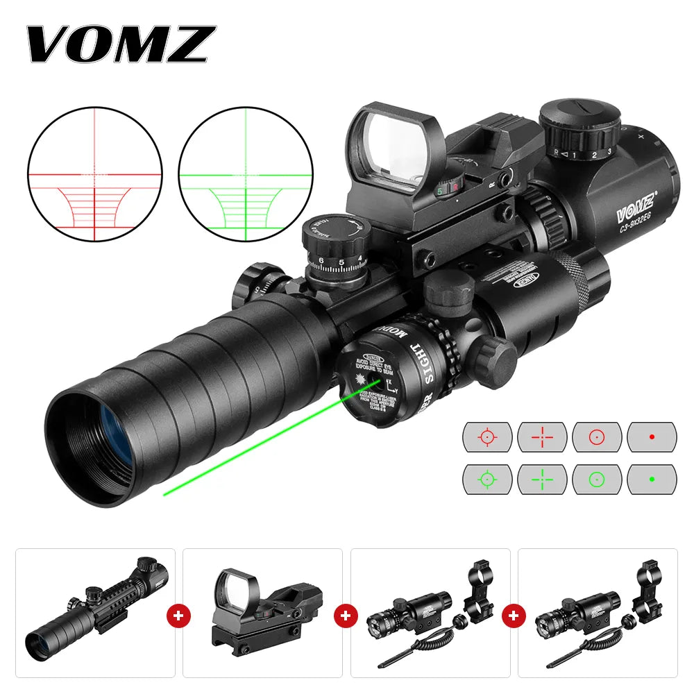 VOMZ 3-9X32 EGC Tactical Optic Red Green Illuminated Riflescope Holographic Reflex 4 Reticle Red Dot Combo Hunting Rifle Scope