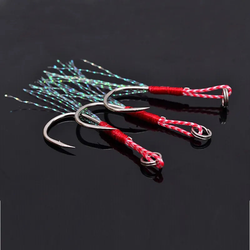 5pcs/lot Fishing Cast Jigs Assist Hook Barbed Single Jig Hooks Thread Feather Pesca High Carbon Steel fishing lure slow jigging