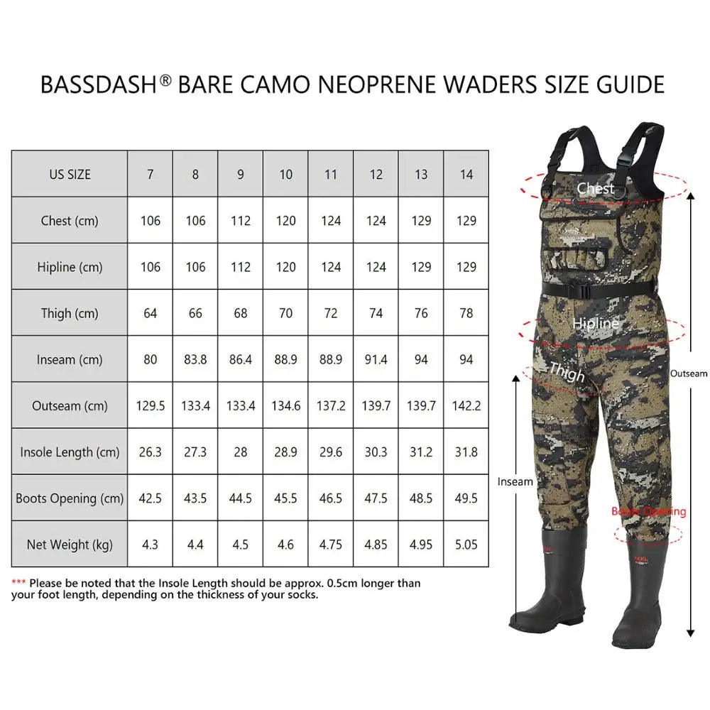 Bassdash Bare Camo Neoprene Chest Fishing Hunting Waders for Men with 600 Grams Insulated Rubber Boot Foot in 8 Sizes