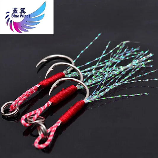 5pcs/lot Fishing Cast Jigs Assist Hook Barbed Single Jig Hooks Thread Feather Pesca High Carbon Steel fishing lure slow jigging