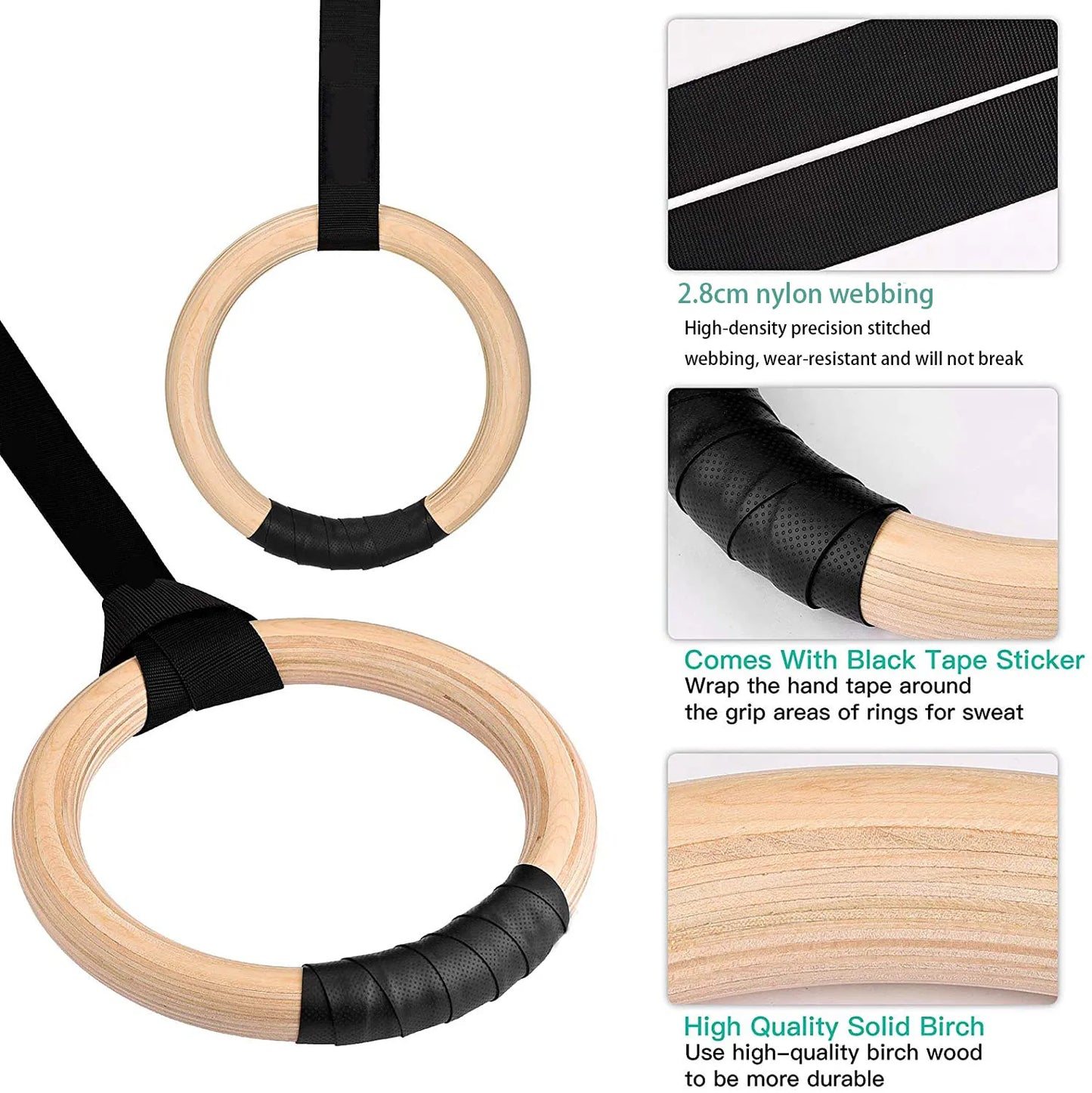 Sports Wood Gymnastic Rings with Adjustable Buckle Straps Anti-slip belt for Strength Training Home Gym Full Body Workout