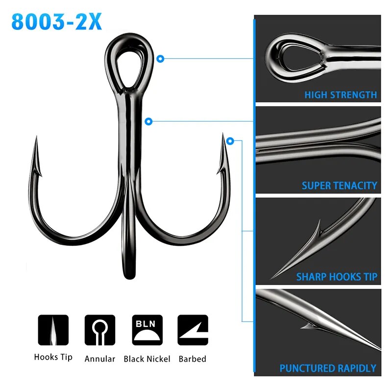 PROBEROS 10pcs/lot Saltwater Fishing Hook 1-2-4-6-8-10-12-2/0-3/0-4/0 High-Carbon Steel Fishhook High Strength Treble Hook Black