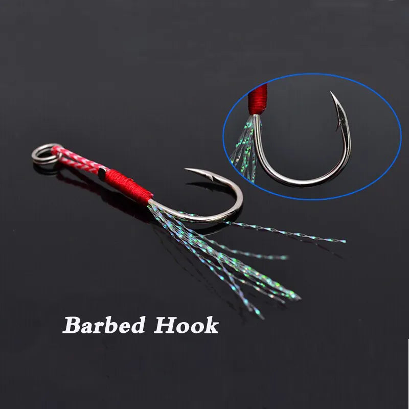 5pcs/lot Fishing Cast Jigs Assist Hook Barbed Single Jig Hooks Thread Feather Pesca High Carbon Steel fishing lure slow jigging