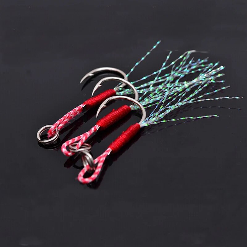 5pcs/lot Fishing Cast Jigs Assist Hook Barbed Single Jig Hooks Thread Feather Pesca High Carbon Steel fishing lure slow jigging