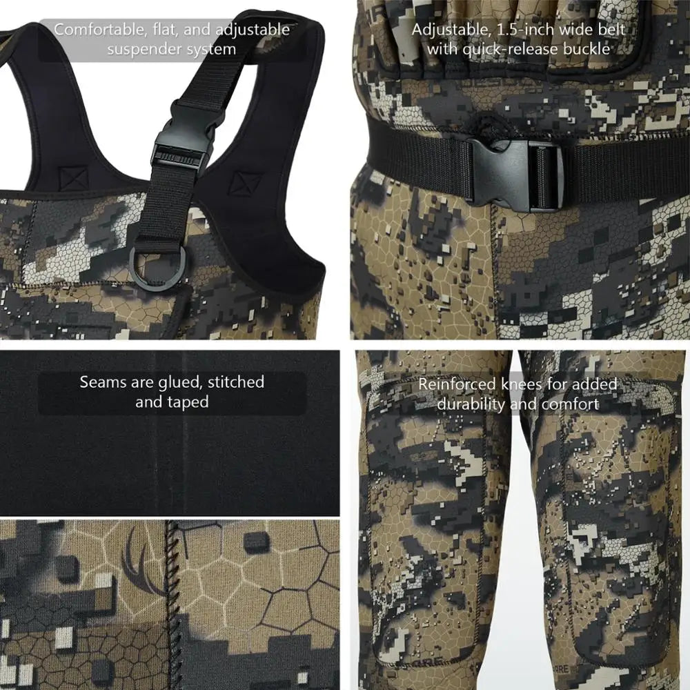 Bassdash Bare Camo Neoprene Chest Fishing Hunting Waders for Men with 600 Grams Insulated Rubber Boot Foot in 8 Sizes