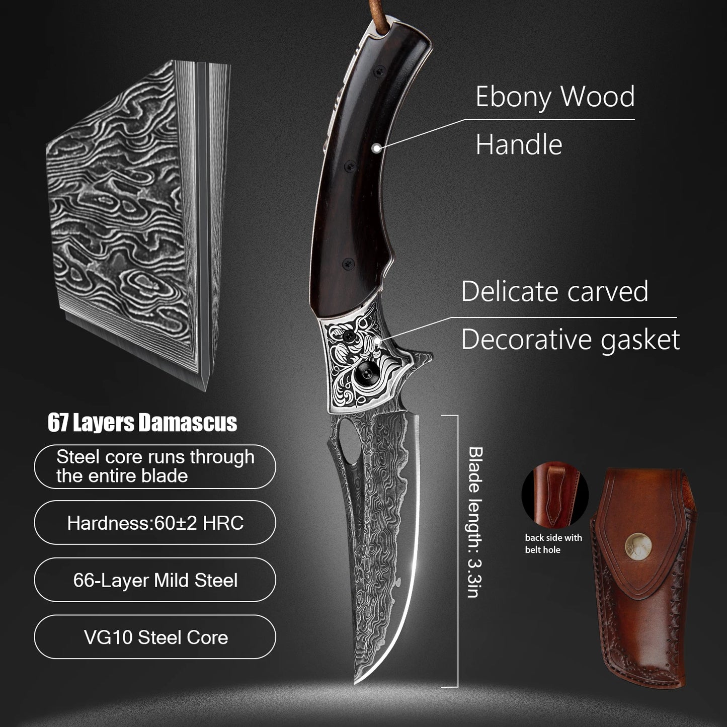 NEWOOTZ Folding Knife Handmade Japanese VG10 Damascus Steel Pocket Ebony Handle Self Defense EDC Knives with Sheath for Hunting