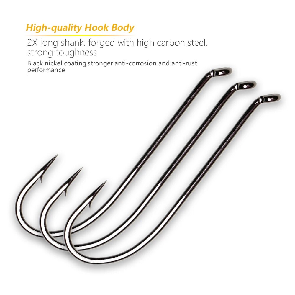 Vtwins 30PCS Black Nickel High Carbon Steel Long Shank Nymph Streamer Dry Wet Fly Trout Bass Salmon Fly Tying Fishing Hooks