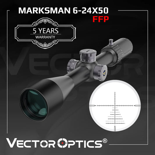 Vector Optics Marksman 6-24x50 FFP Tactical Riflescope 1/10 MIL Min Focus 10yds First Focal Plane Hunting Rifle Scope .338 Lap