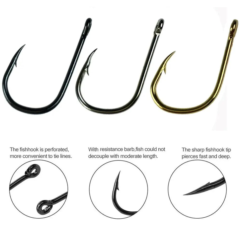 500 Pcs #3-#12 Freshwater Fishing Hooks Carp Fishhooks Barbed Hooks Kit Jigging Bait Carp Fishing Hook Silver Black Gold